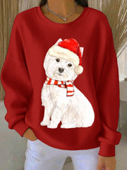 Women's  West Highland White Terrier Westie Christmas Ribbed Round-Neck Sweatshirt gracestitchs