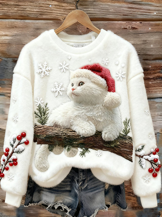 Women's Cute Christmas Cat Art Print Casual Flannel Sweatshirt gracestitchs