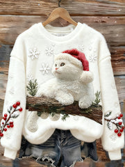 Women's Cute Christmas Cat Art Print Casual Flannel Sweatshirt gracestitchs