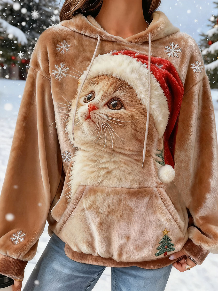 Women's Cute Christmas Cat Art Print Casual Flannel Sweatshirt gracestitchs