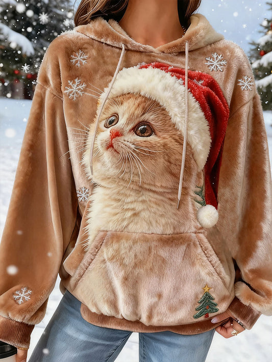 Women's Cute Christmas Cat Art Print Casual Flannel Sweatshirt gracestitchs