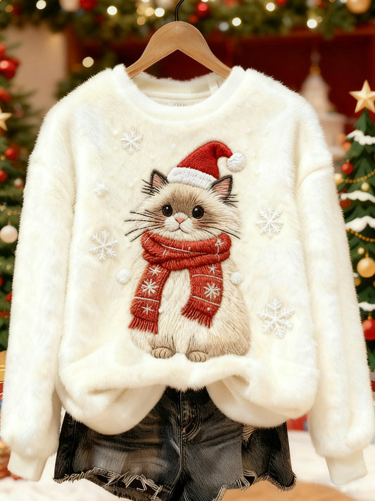 Women's Cute Christmas Cat Print Casual Flannel Sweatshirt gracestitchs