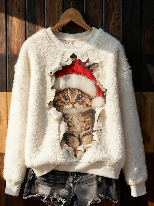 Women's Cute Christmas Cat Art Print Casual Flannel Sweatshirt gracestitchs