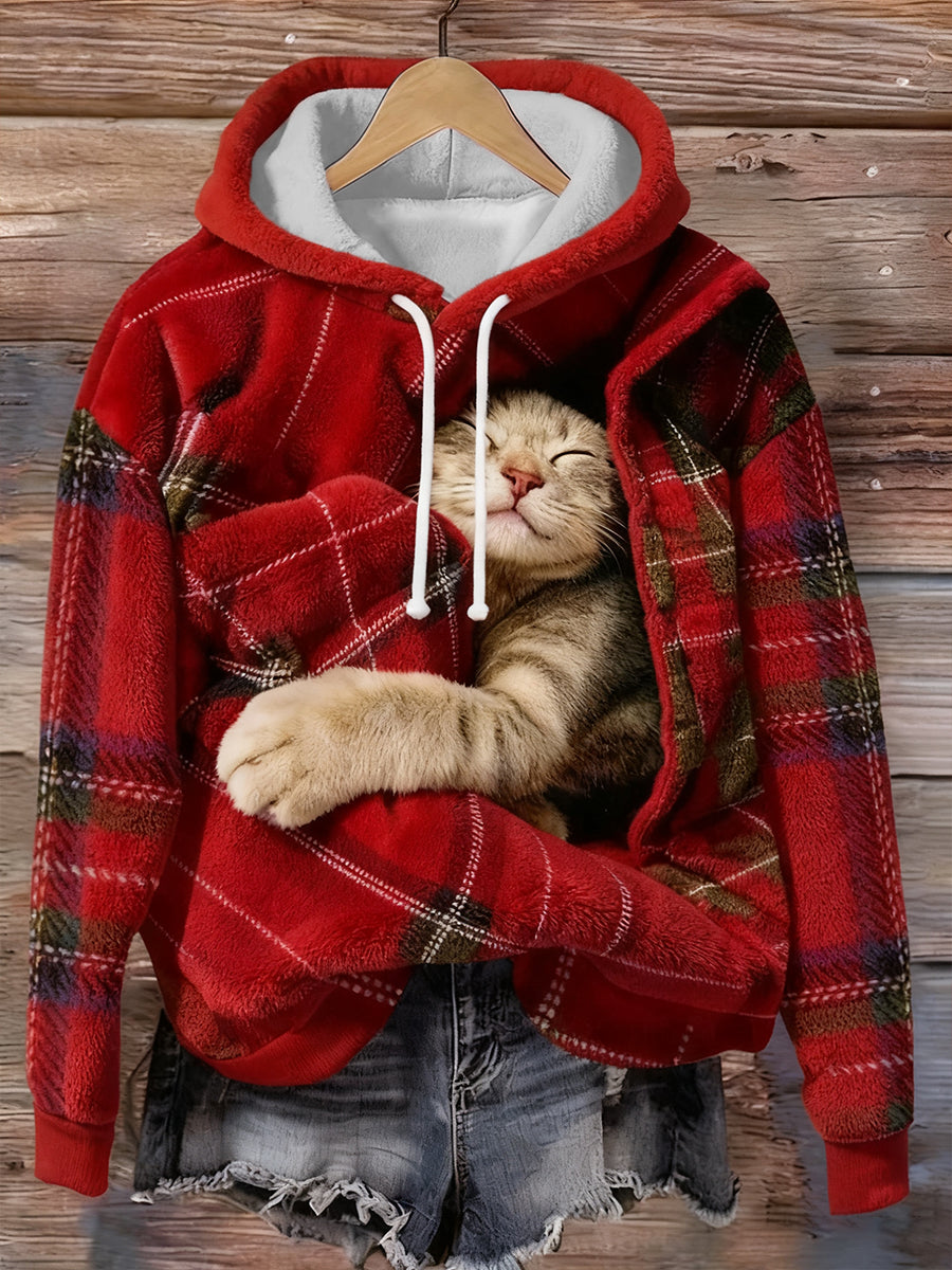 Women's Cute Cat Art Print Casual Flannel Sweatshirt gracestitchs