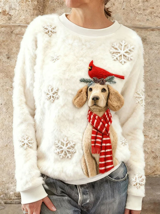 Women's Cute Christmas Golden Retriever & Bird Art Print Casual Flannel Sweatshirt gracestitchs