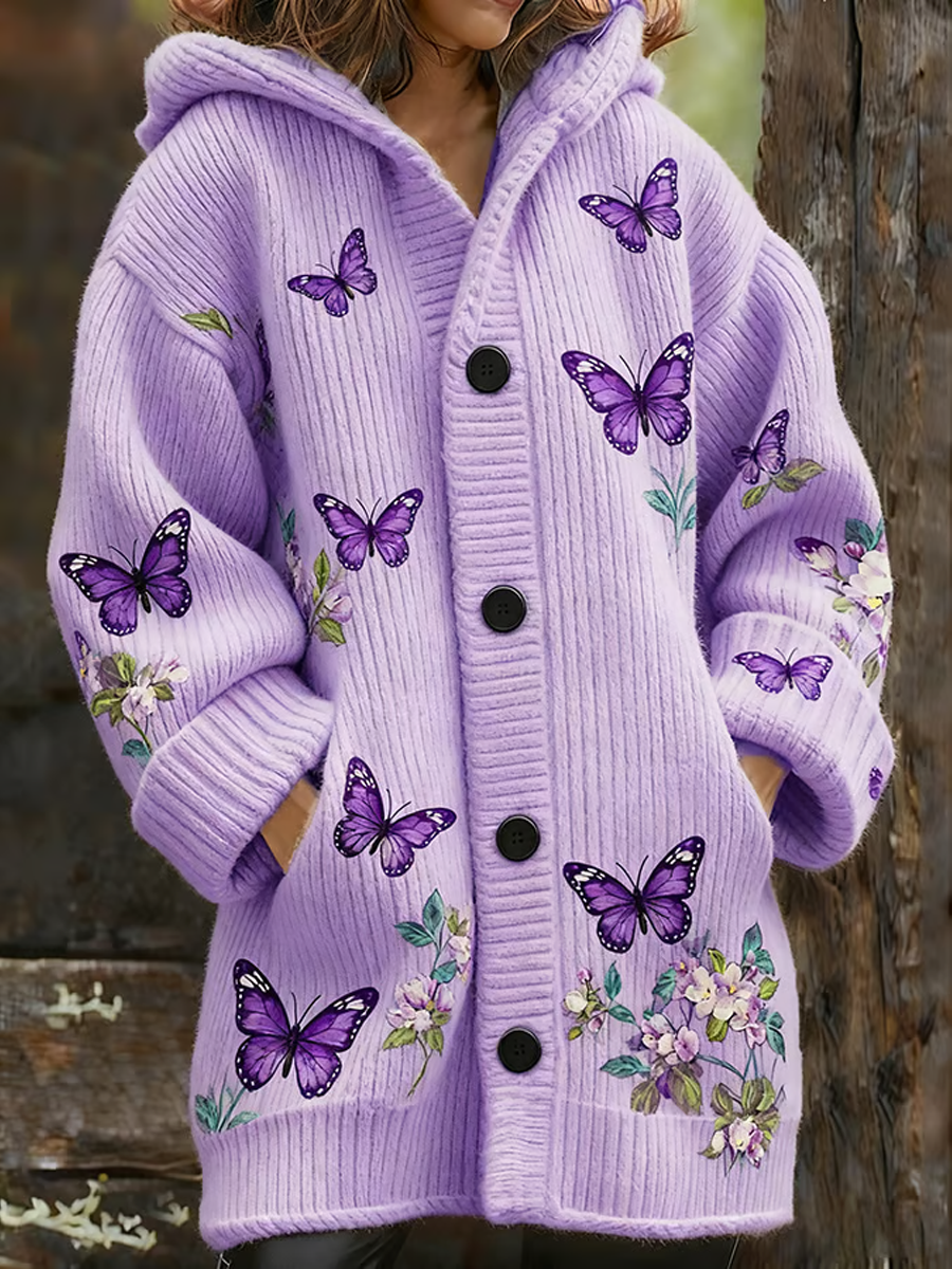 Women's Butterfly and floral print eight-pit composite fleece coat gracestitchs