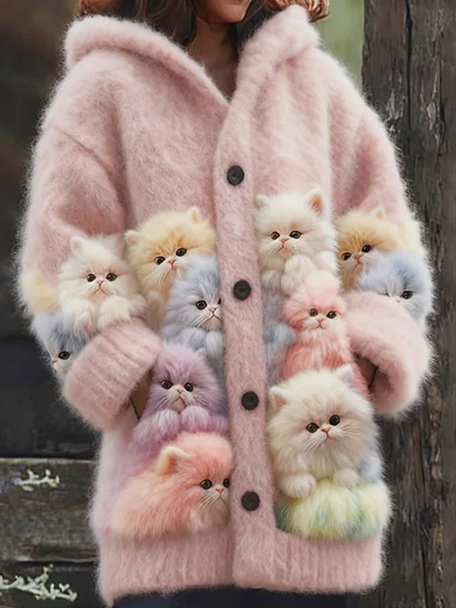 Women's Lovely Fuzzy Colorful Cats Cozy Hooded Cardigan