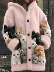 Women's Lovely Fuzzy Colorful Cats Cozy Hooded Cardigan