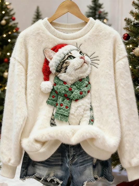 Women's Cute Christmas Cat Art Print Casual Flannel Sweatshirt