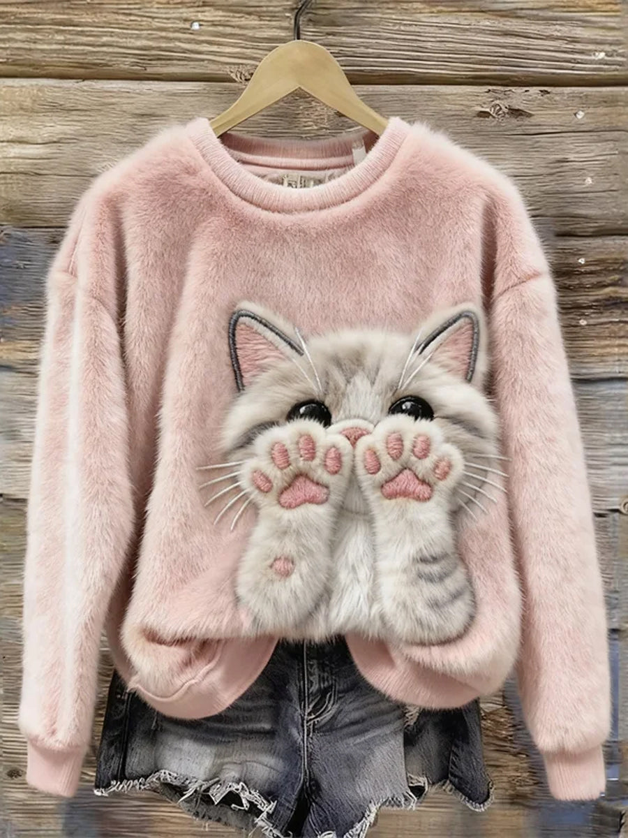 Women's Cute Cat Art Print Casual Flannel Sweatshirt