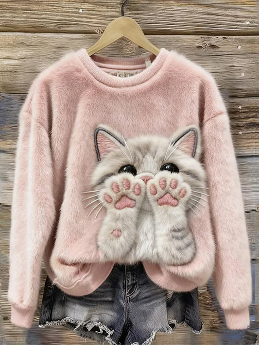 Women's Cute Cat Art Print Casual Flannel Sweatshirt