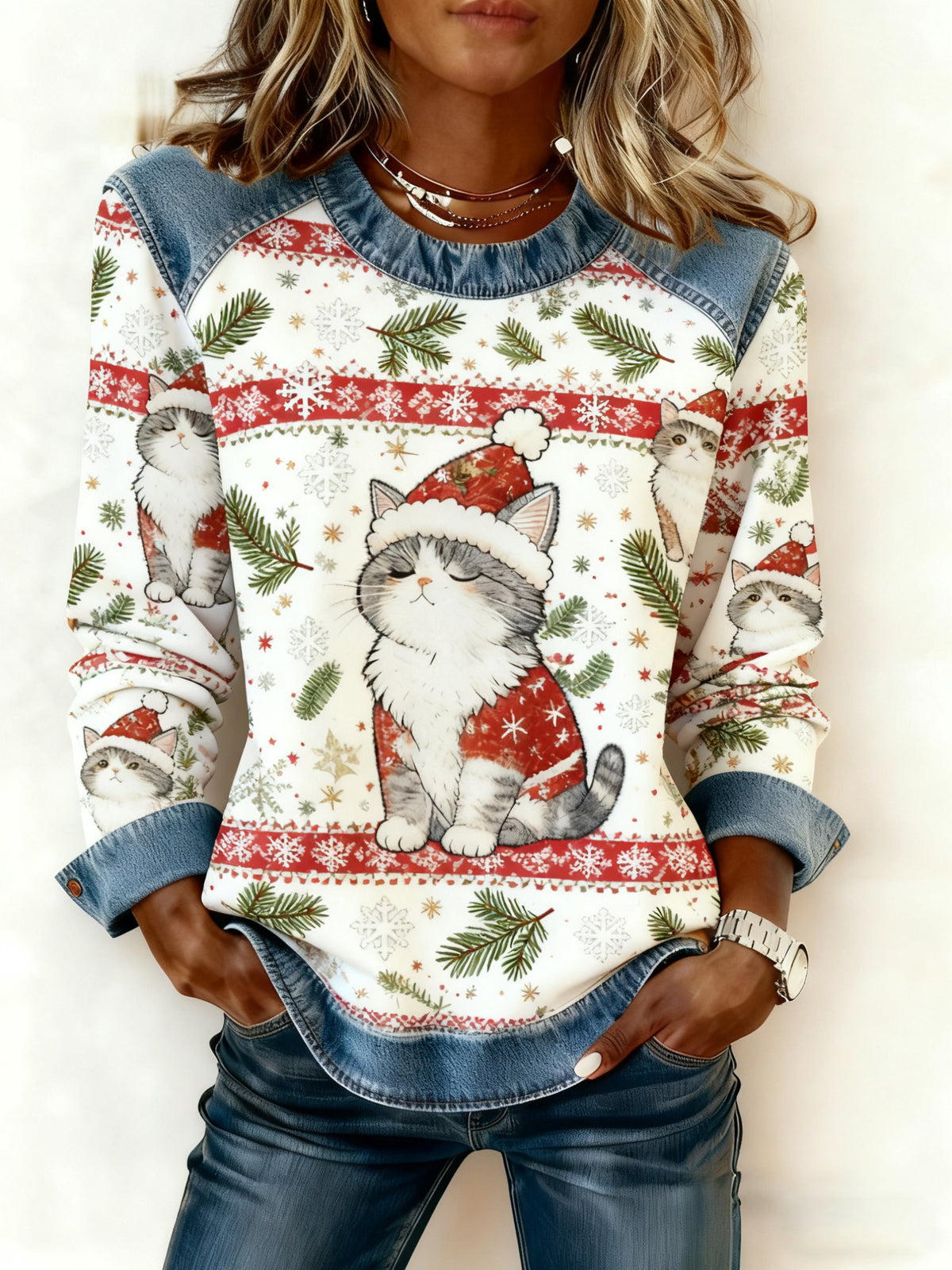 Women's Vintage Christmas Cat Denim Patchwork Sweatshirt