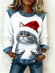 Women's Vintage Christmas Cat Denim Patchwork Sweatshirt