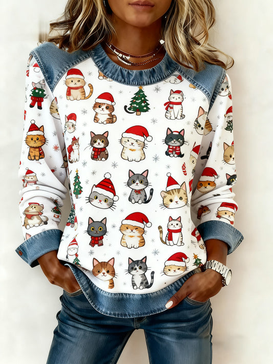 Women's Vintage Christmas Cat Denim Patchwork Sweatshirt