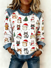 Women's Vintage Christmas Cat Denim Patchwork Sweatshirt