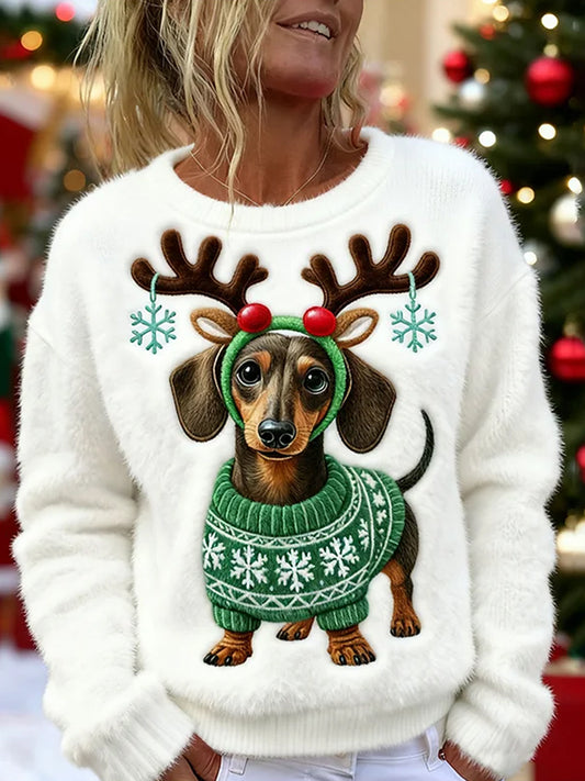 Women's Cute Christmas Dachshund Pattern Flannel Hoodie