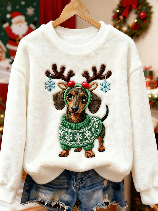 Women's Cute Christmas Dachshund Pattern Flannel Hoodie