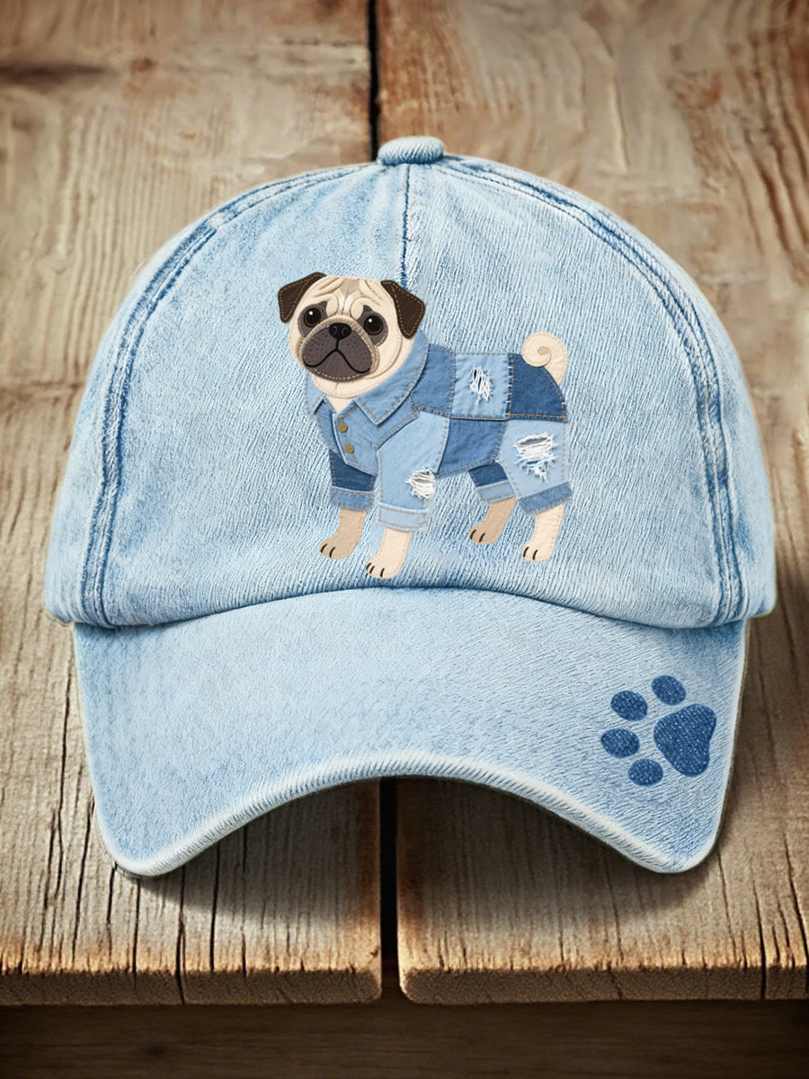 Unisex Denim Patchwork Art Pug Pattern Washed Hat
