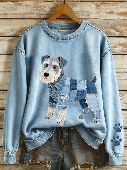 Women's Denim Patchwork Art Schnauzer Dog Pattern Sweatshirt