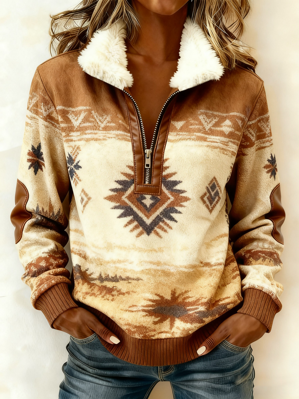 Women's Vintage Western Printed Casual Composite Fleece Hoodie gracestitchs