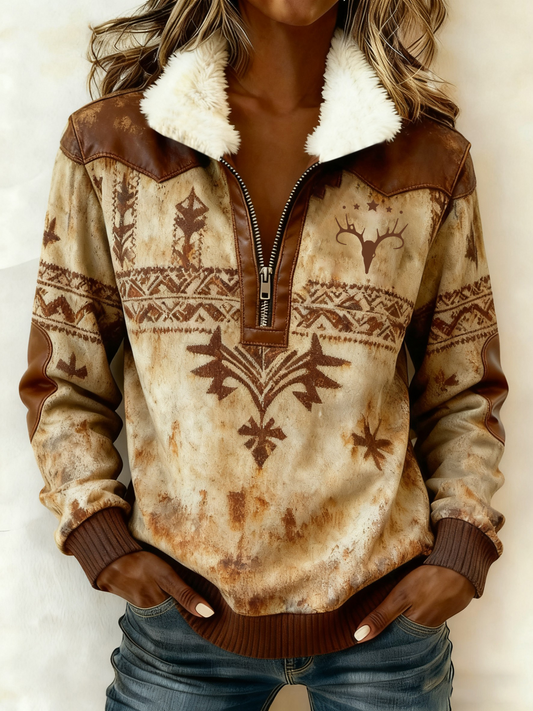 Women's Vintage Western Printed Casual Composite Fleece Hoodie gracestitchs