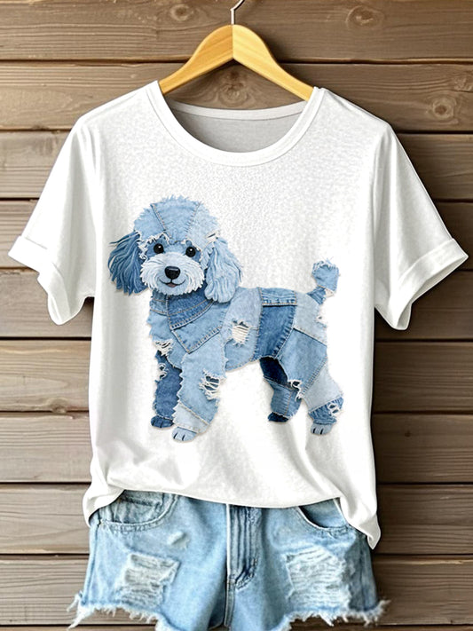 Women's Poodle Dog Pattern Patchwork Art T-Shirt