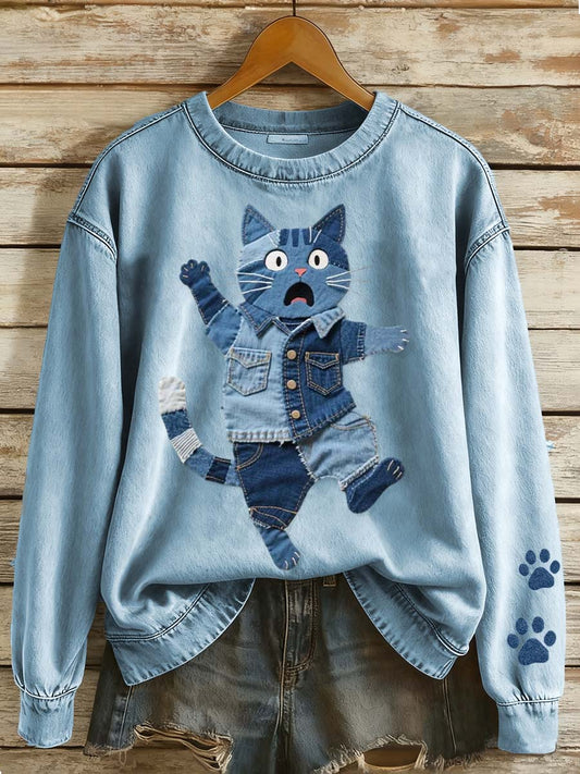 Women's Denim Patchwork Art Cat Pattern Sweatshirt