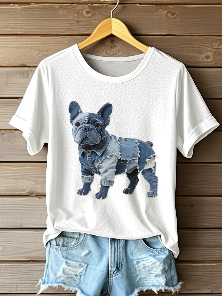 Women's Bulldog Patchwork Art Short Sleeve T-Shirt