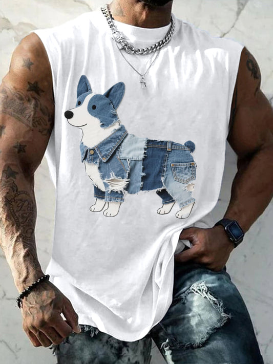 Men's Lovely Corgi Pattern Patchwork Art Tank Top