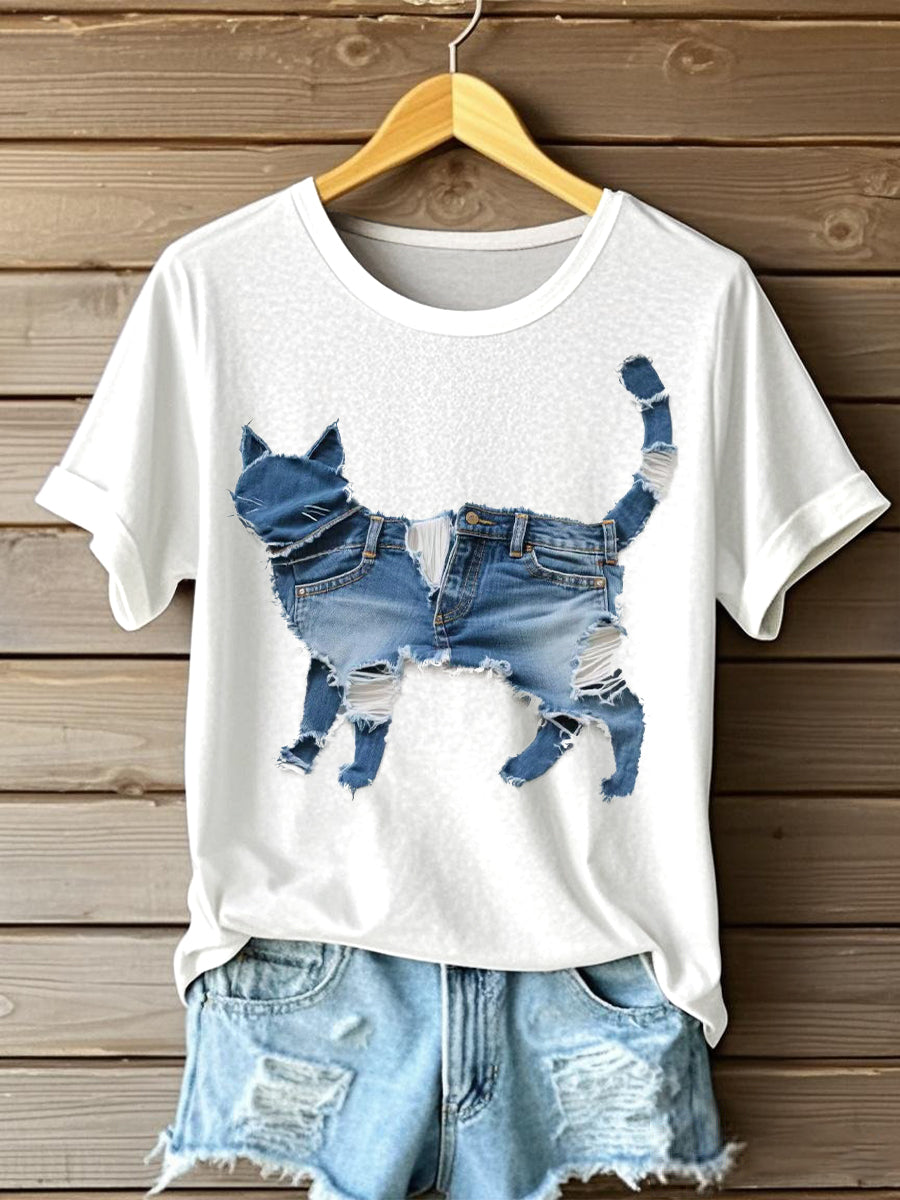 Women's Funny Cat Patchwork Art Short Sleeve T-Shirt