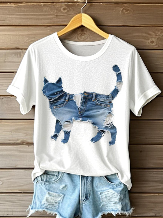 Women's Funny Cat Patchwork Art Short Sleeve T-Shirt