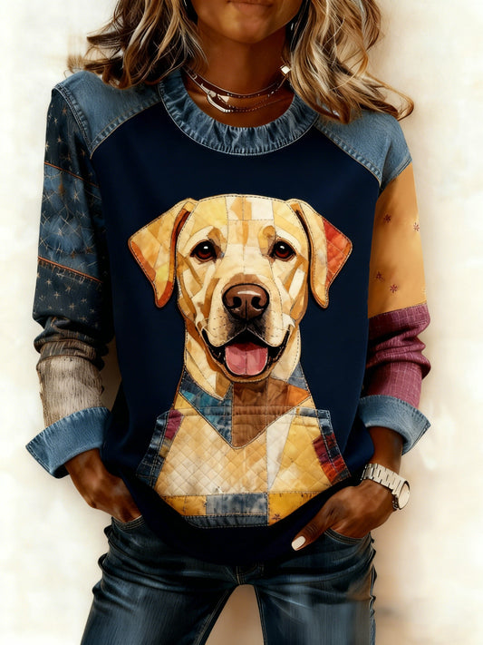 Women's Art Dog Denim Patchwork Sweatshirt gracestitchs