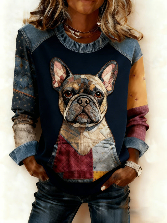 Women's Art Dog Denim Patchwork Sweatshirt gracestitchs