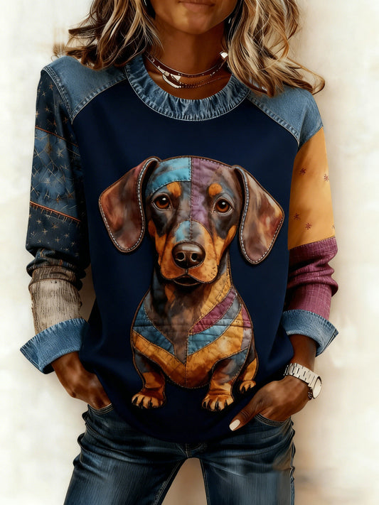 Women's Art Dog Denim Patchwork Sweatshirt gracestitchs