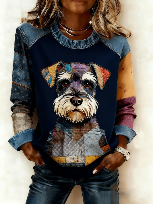 Women's Art Dog Denim Patchwork Sweatshirt gracestitchs