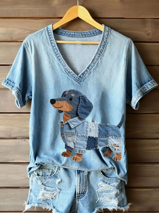 Women's Denim Patchwork Art Dachshund Pattern V-Neck T-Shirt