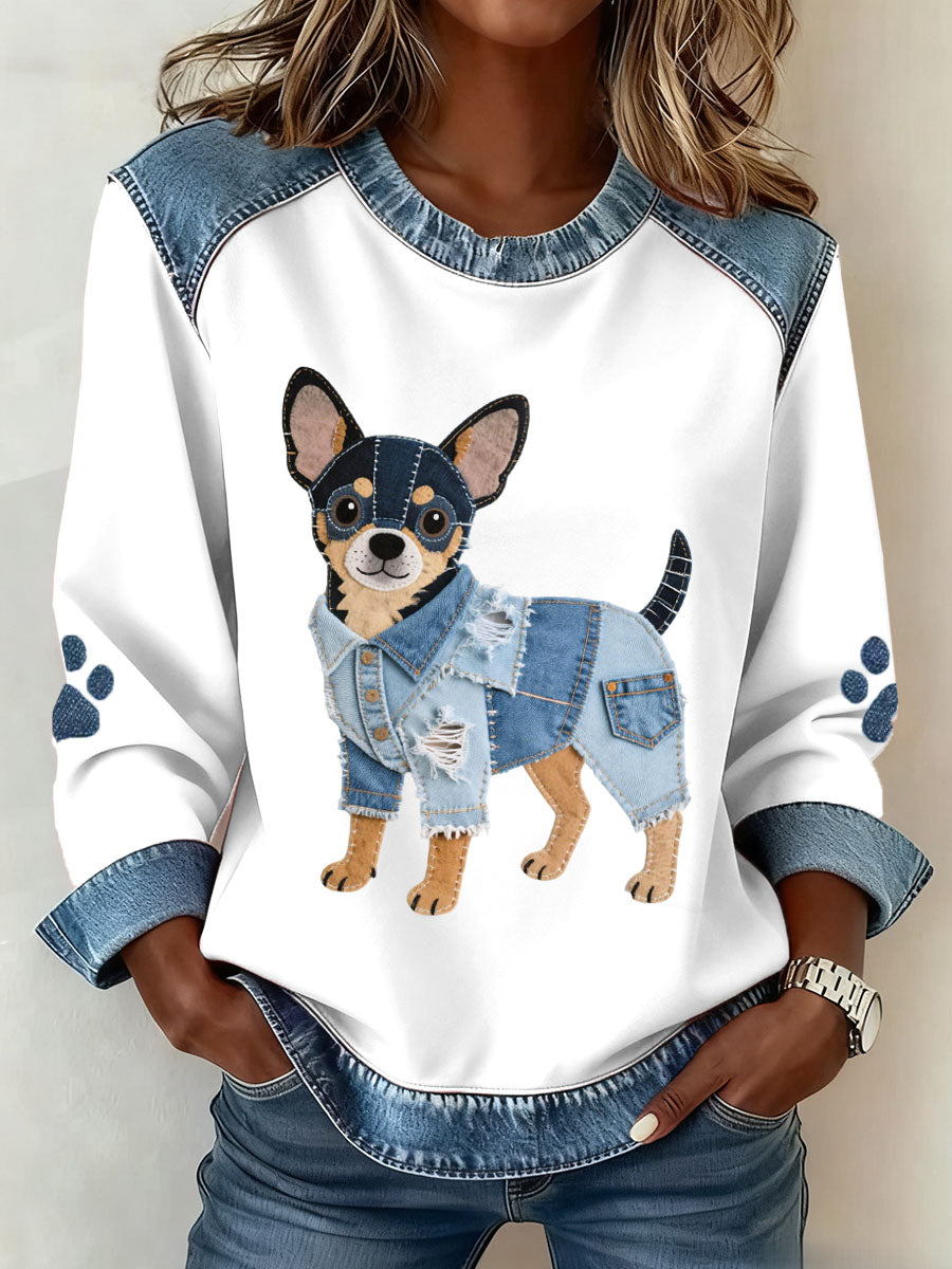 Women's Lovely Chihuahua Dog Pattern Denim Patchwork Art Sweatshirt
