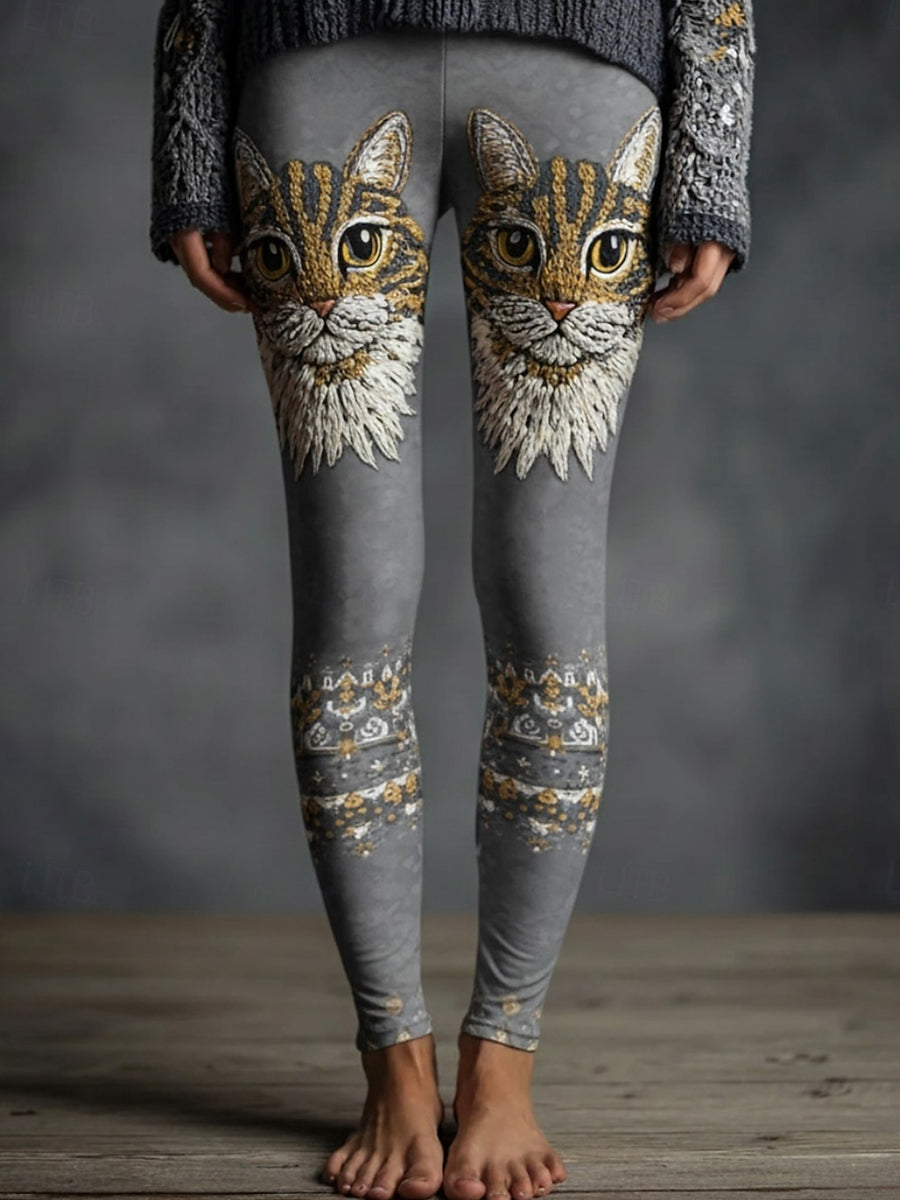 Women's kitten-themed thermal leggings gracestitchs