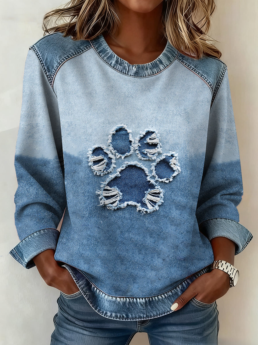 Women's Dog Paw Denim Crewneck Sweatshirt gracestitchs