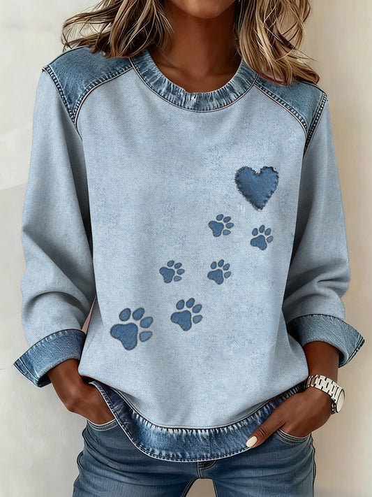 Women's Dog Paw Denim Crewneck Sweatshirt gracestitchs