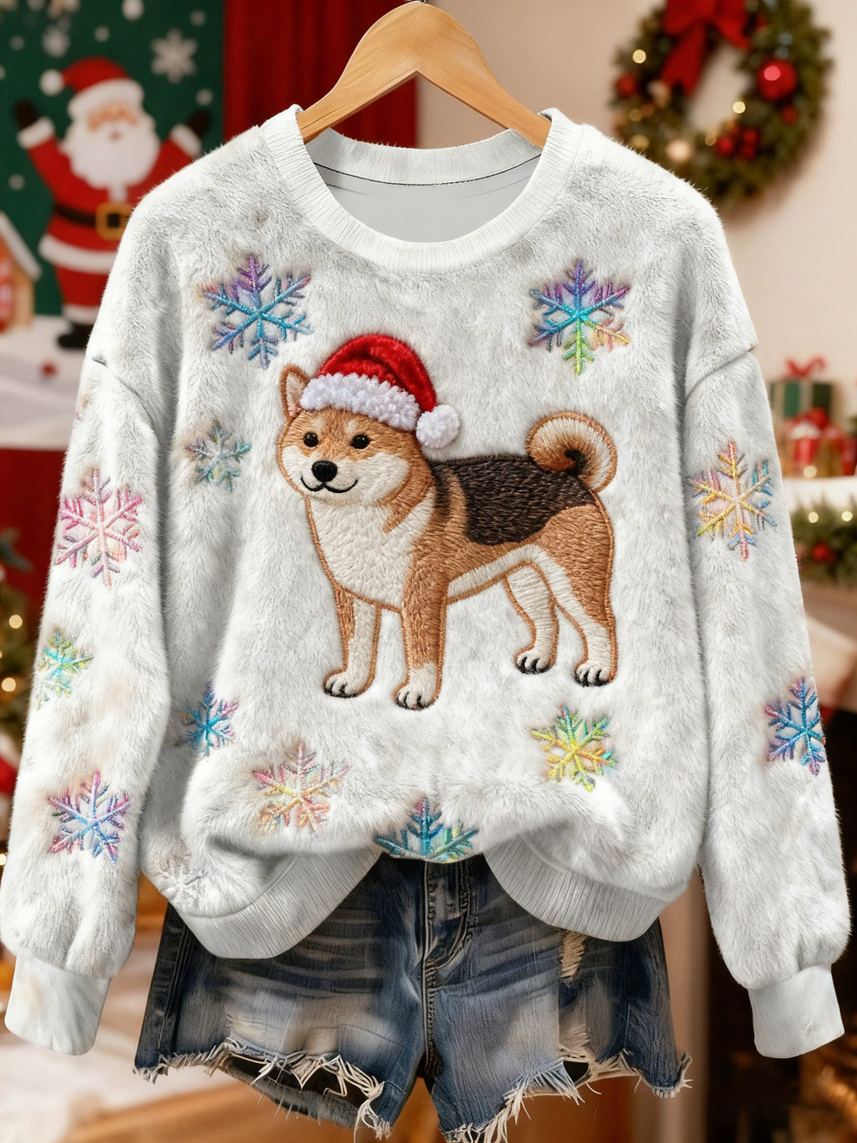 Women's Vintage Christmas Dog Printed Flannel Sweatshirt gracestitchs