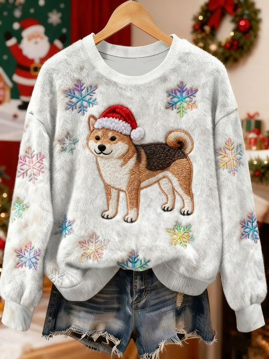 Women's Vintage Christmas Dog Printed Flannel Sweatshirt gracestitchs