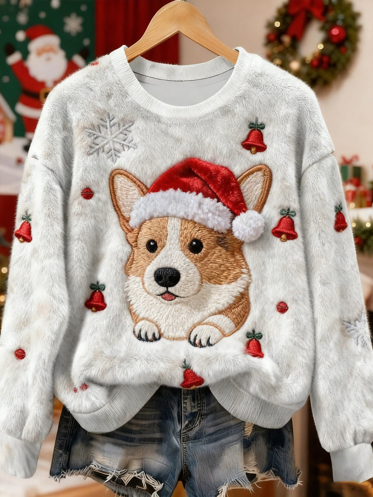 Women's Vintage Christmas Dog Printed Flannel Sweatshirt gracestitchs