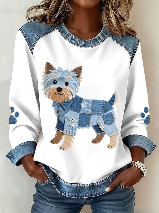 Women's Lovely Yorkshire Terrier Dog Pattern Denim Patchwork Sweatshirt