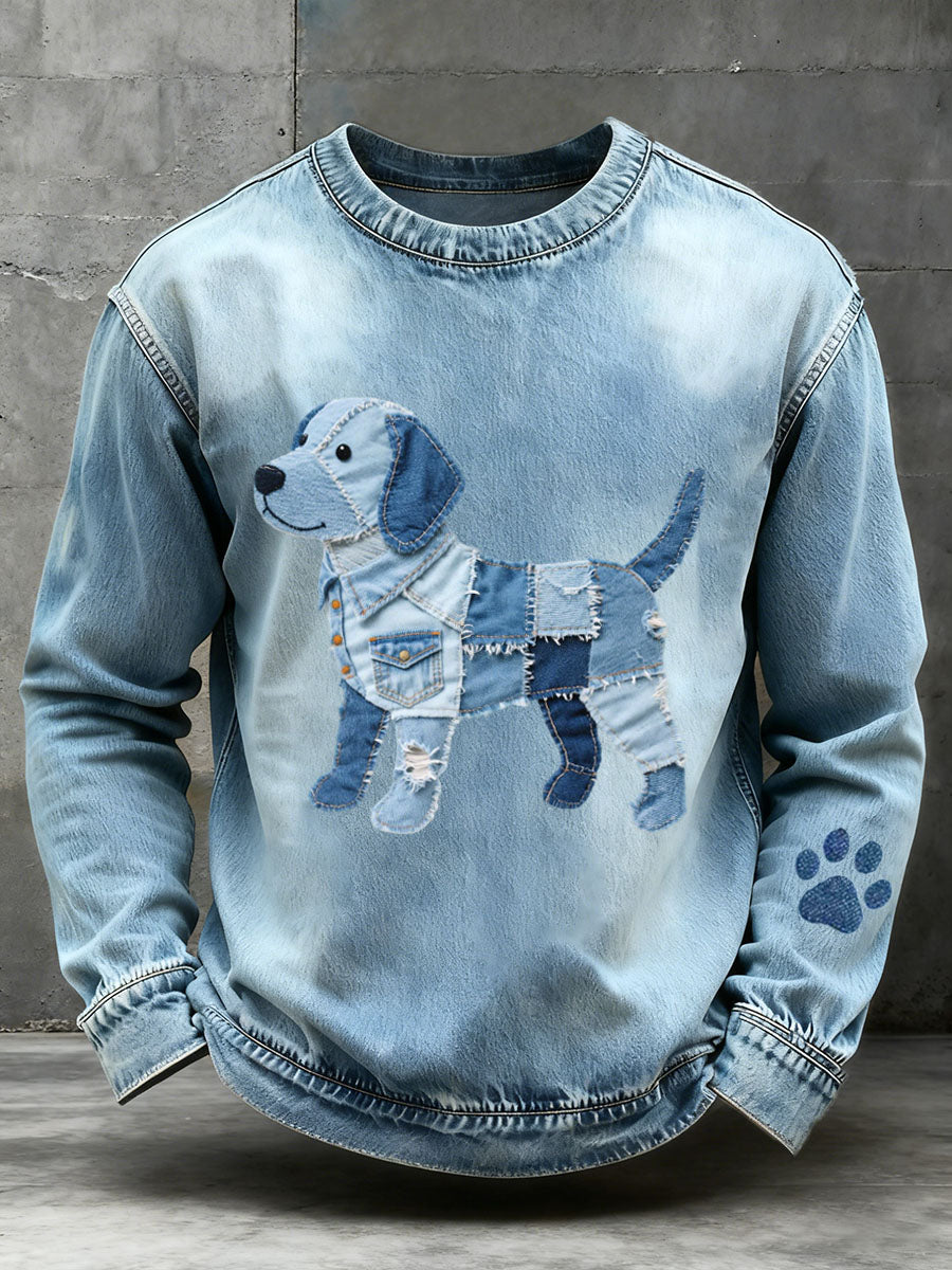 Men's Denim Patchwork Art Beagle Dog Pattern Sweatshirt