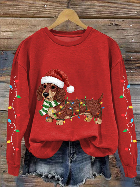 Women's Christmas Lights Dachshund Print Casual Sweatshirt