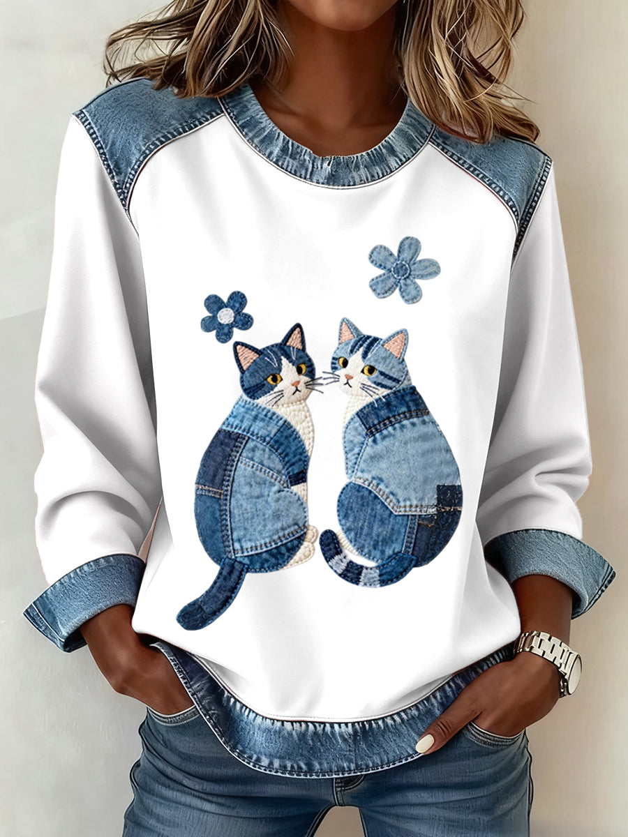 Women's Cute Cats Pattern Denim Patchwork Sweatshirt