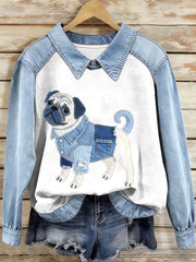 Women's Denim Patchwork Pug Dog Pattern Sweatshirt
