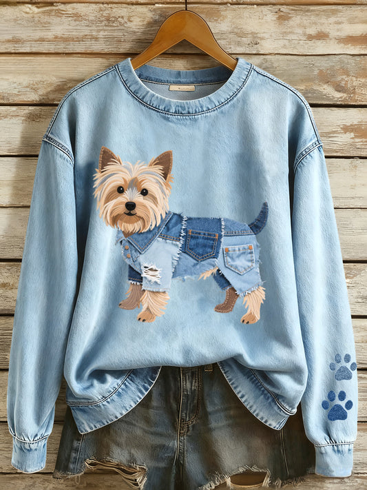 Women's Denim Patchwork Yorkshire Terrier Dog Pattern Sweatshirt