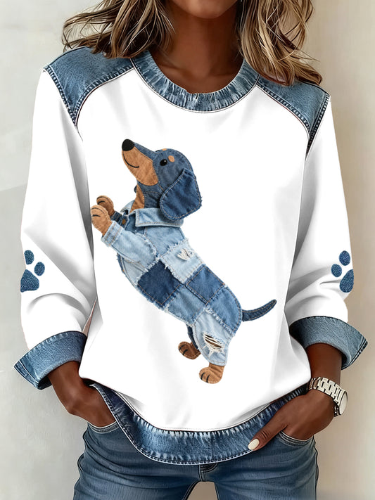 Women's Lovely Dachshund Dog Pattern Denim Patchwork Sweatshirt